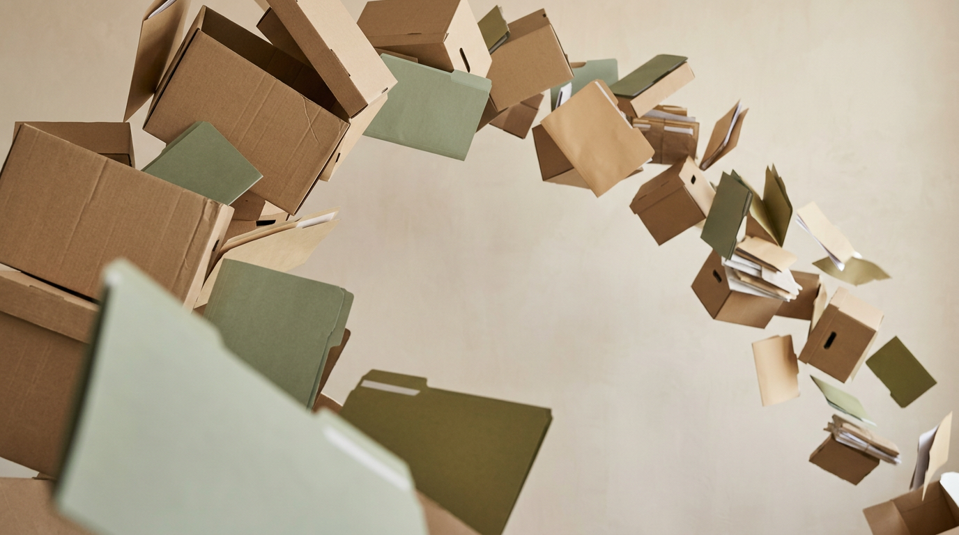 Des boîtes d’archives en carton et des chemises vert sauge en suspension, image générée.