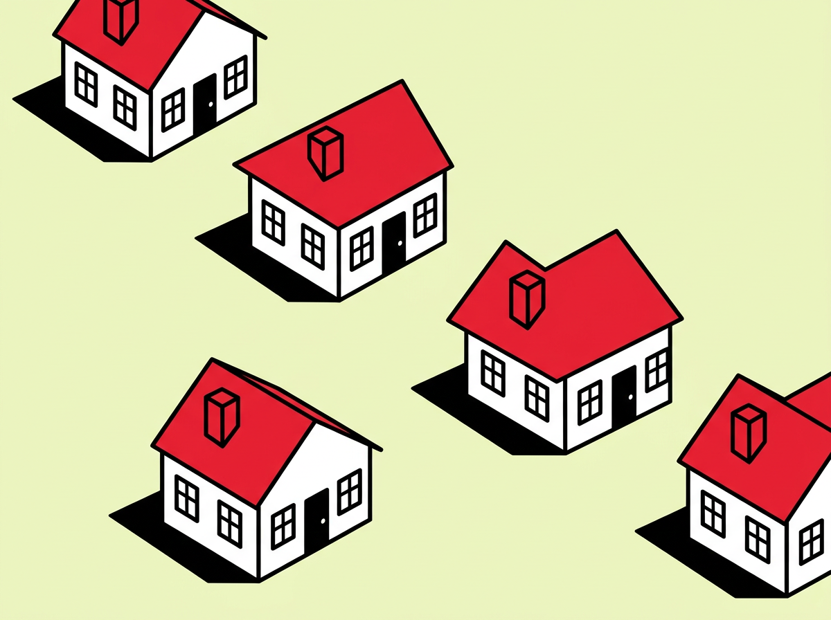 Des maisons blanches au toit rouge dispersées sur un fond vert pâle.