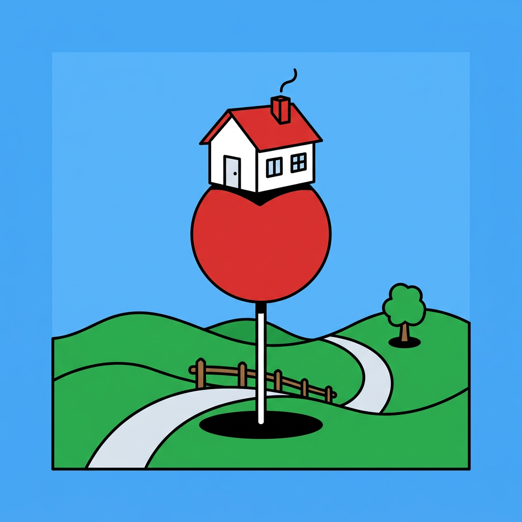Une maison au toit rouge posée sur une colline verte, au bord d’un chemin.
